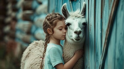 Little girl embraces a llama on a farm, against a blue wooden wall, capturing the innocence and joy of farm life
