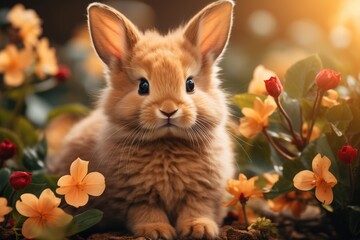 Cute baby bunny with flowers background. Greeting card concept