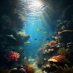 Surreal underwater scene with marine life.