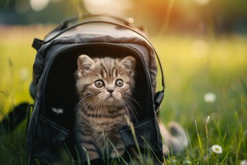 Scottish Fold kitten inside soft pet carrier with green meadow in background