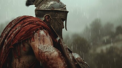 A Spartan Hoplite mourns the loss of a fallen comrade carrying his body back from the battlefield with a heavy heart. He knows that the fallen warrior will be remembered forever - obrazy, fototapety, plakaty