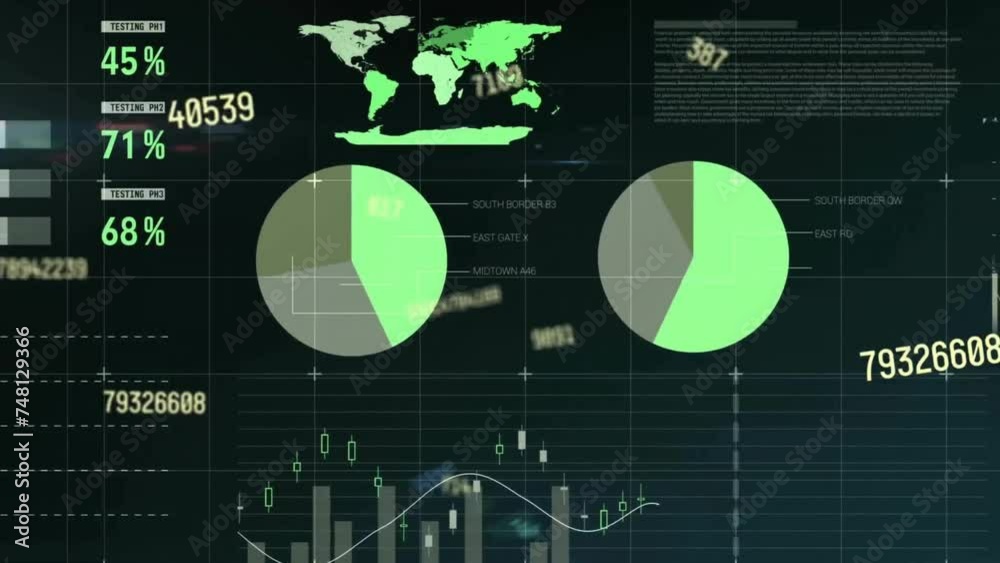 Poster animation of processing data over charts and graphs on black background