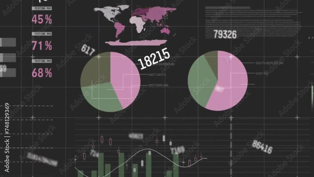 Poster animation of processing data over charts and graphs on black background