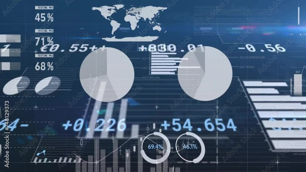 Poster animation of processing data over charts and graphs on blue background