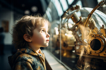 Small child interacting with science exhibit at the museum generative AI