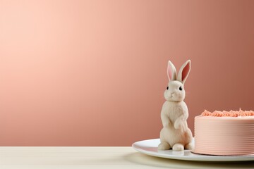 Cute Easter bunny with Easter cake and copy space background. Concept and idea of happy Easter day.