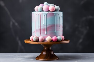 Delicious Easter cake decorated with candy eggs for Easter festive background.