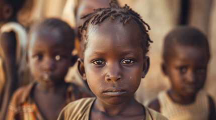 Group portrait of poor african children looking at camera - obrazy, fototapety, plakaty