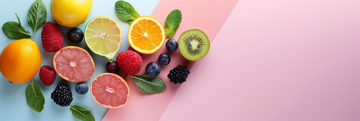 Fruit still life. Strawberries, oranges, lemons and kiwi on pink background