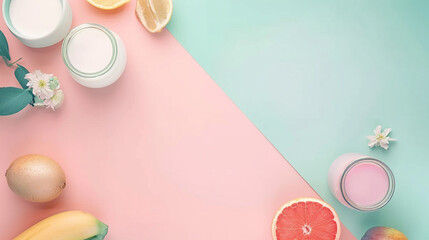 Still life of natural and strawberry yogurts along with kiwis, grapefruits and flowers on a blue and pink background