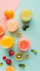 Still life of fruit juices accompanied by oranges, kiwi and strawberries on a blue and pink background