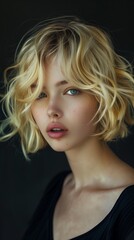 beautiful model with a blond hair in style of a bob and sombre color