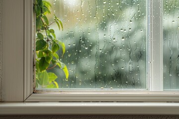 Water condensation on modern uPVC windows with visible puddles on the sill