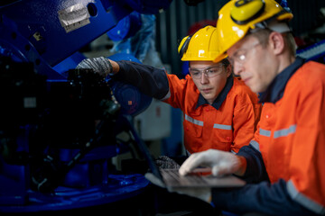Business engineers meet and check control heavy machine robot arm. Diverse Team of Industrial Robotics Engineers Gathered Around machine. Professional Machinery Operator Use Industrial Digital Tablet.