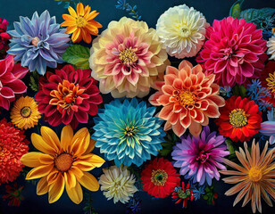 Fundo de flores. Flores diversas coloridas cobrindo a superfície.