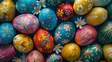 Fototapeta premium Painted easter eggs colorful background wallpaper design.