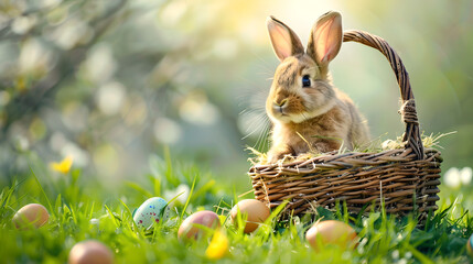 Fototapeta na wymiar Bunny with a basket of painted easter eggs in the grass.
