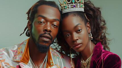 Black man and woman in luxurious attire with crowns. - obrazy, fototapety, plakaty