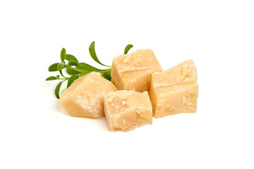 Parmesan cheese chunks, hard cheese, isolated on white background