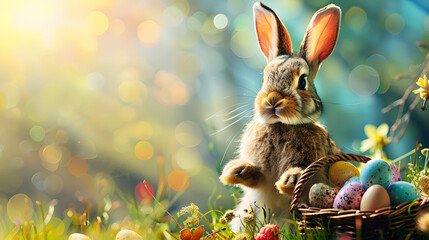 Fototapeta na wymiar Bunny with painted easter eggs in the grass.