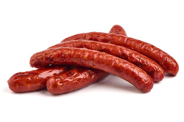 Barbecued sausages, fried sausages bbq, isolated on white background