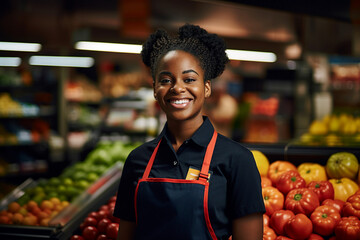 Smiling person working in supermarket grocery store department Generative Ai picture - obrazy, fototapety, plakaty