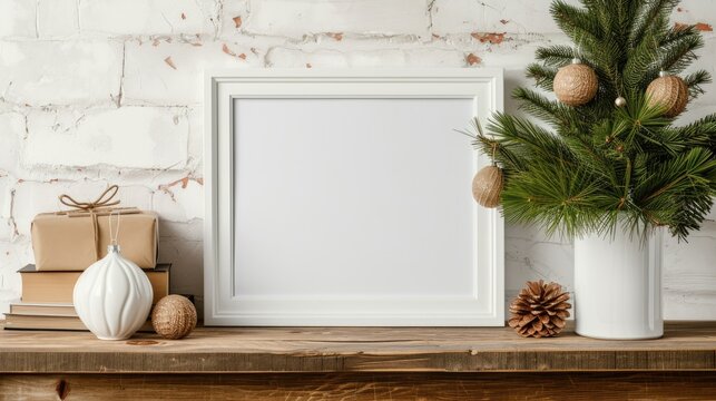Mockup square white picture frame stand in a white brick wall with pine tree in vase, pinecone, book, ornaments and gift Christmas on brown wooden table