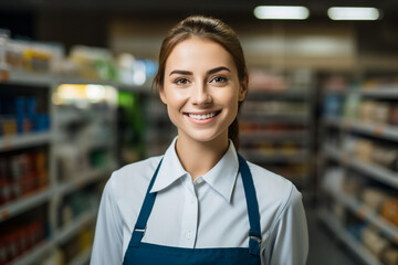 Smiling person working in supermarket grocery store department Generative Ai picture