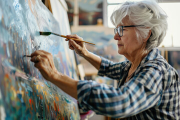 Portrait of senior female artist painting with a brush on canvas in art studio