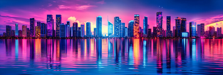 Luxurious Cityscape at Dusk, Modern Skyscrapers with Reflections in Water Background
