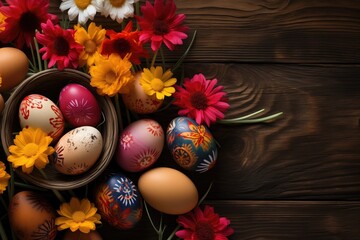 Easter festive composition with painted Easter eggs and decorations