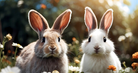 Obraz premium Beautiful cute fluffy bunny on green field