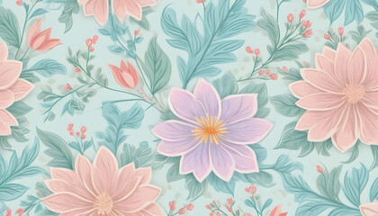 floral drawing vintage wallpaper pattern in delicate soft colors on a green background