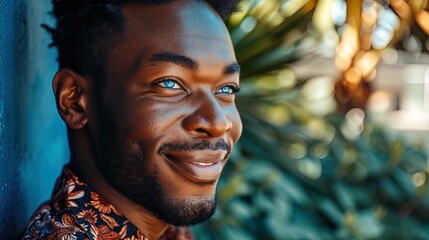 Portrait of happy African American man with blue eyes smiling, showcasing beauty, diversity, and the captivating gaze of individuality