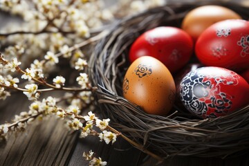 Basket with painted Easter eggs and willow branches on light wooden background