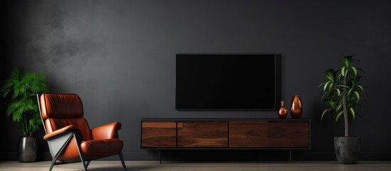 A modern living room featuring a cabinet TV and an armchair against a dark wall background. The television is turned on with a show playing,