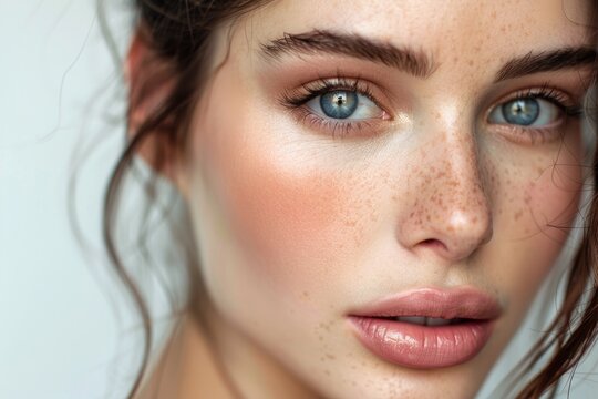 Close-up portrait of a stunning woman with piercing blue eyes, freckles, and a soft makeup look studio lighting.