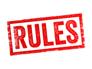 RULES - set of explicit or understood regulations or principles governing conduct or procedure within a particular area of activity, text concept stamp - obrazy, fototapety, plakaty