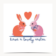 Cute Easter greeting card, cover, poster, label, flyer, banner with orange and pink bunny