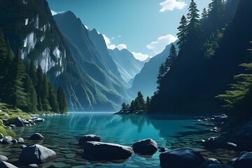 a closeup photo illustration of a beautiful pond surrounded by mountain ranges =AI generated illustration