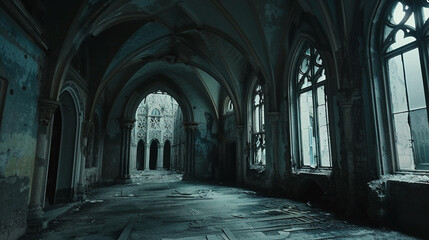 Fototapeta premium Mystic empty gothic hallway with ornate stained glass windows in an old castle