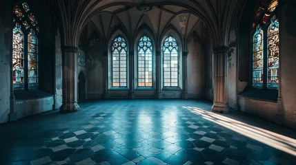 Papier Peint photo Vieil immeuble Mystic empty gothic hallway with ornate stained glass windows in an old castle
