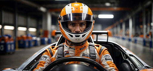 Portrait of a racing car driver wearing helmet, preparing for a race competition. He appears focused and determined as he sits in the driver's seat