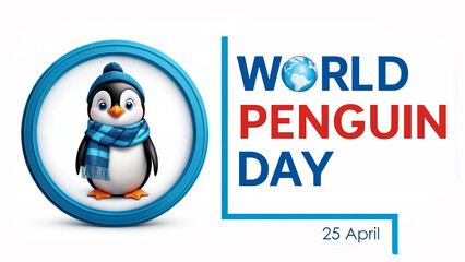 A penguin wearing a scarf is standing on an iceberg, celebrating World Penguin Day. International event 3d render word text World Penguin Day, which takes place on April 25th