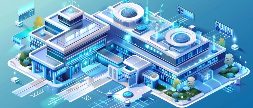 An Isometric 3D Smart Government Building, With Smart Technologies Such As IoT-connected Administrative Systems .