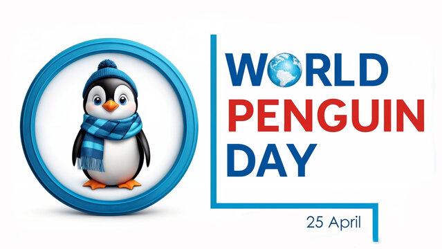 A penguin wearing a scarf is standing on an iceberg, celebrating World Penguin Day. International event 3d render word text World Penguin Day, which takes place on April 25th