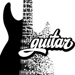 Guitar on a background with notes and an inscription. Vector illustration