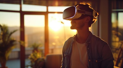 Smile happy man playing game in virtual reality glasses getting experience using VR headset glasses of virtual reality at home, generative ai - obrazy, fototapety, plakaty