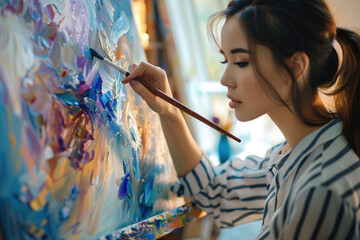 Portrait of young female artist painting with a brush on canvas in art studio