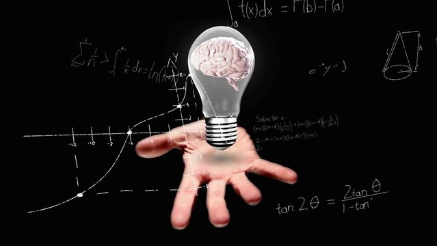 Animation of mathematical equations over caucasian man holding light bulb on black background